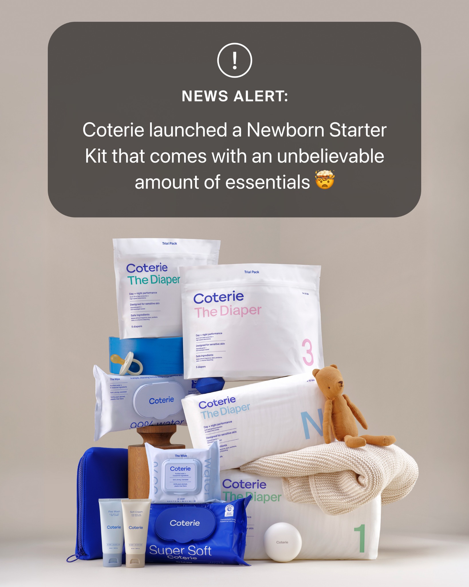 Coterie — Newborn Starter Kit launch in a news-alert layout
