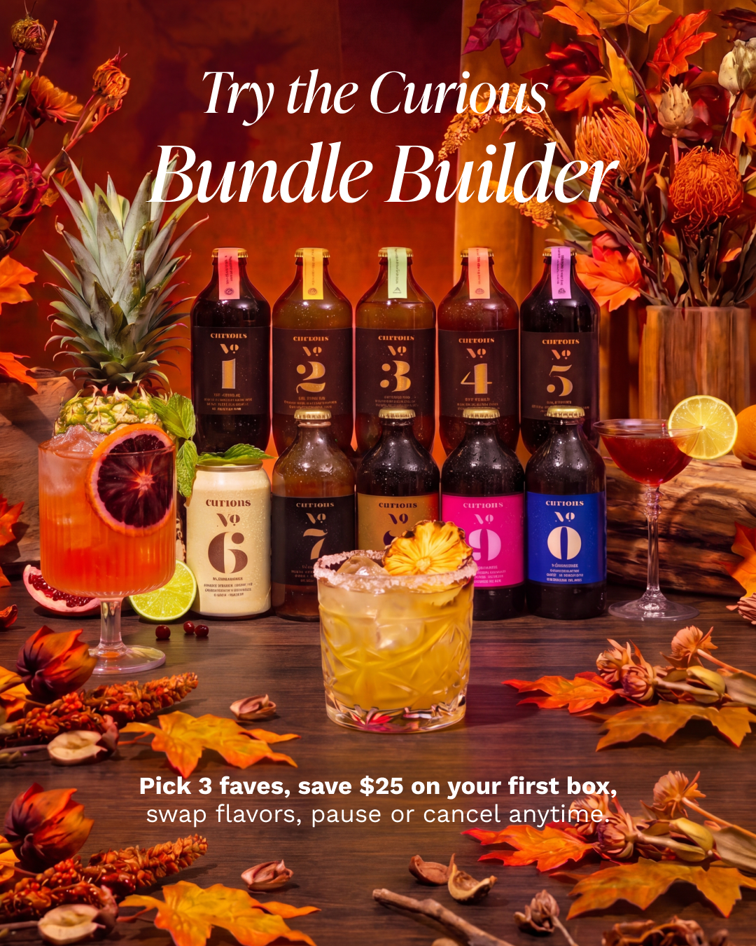 Curious Elixirs — Autumn cocktail spread with a $25 first-box bundle offer
