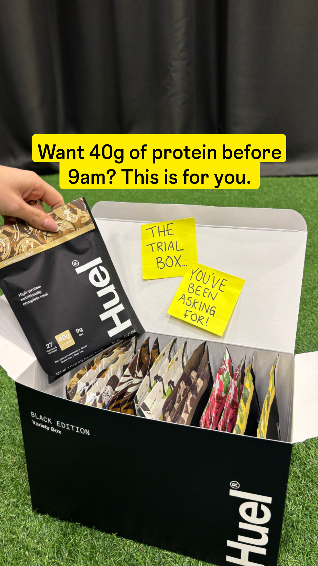 Huel — Open trial box with handwritten notes and a breakfast-protein hook