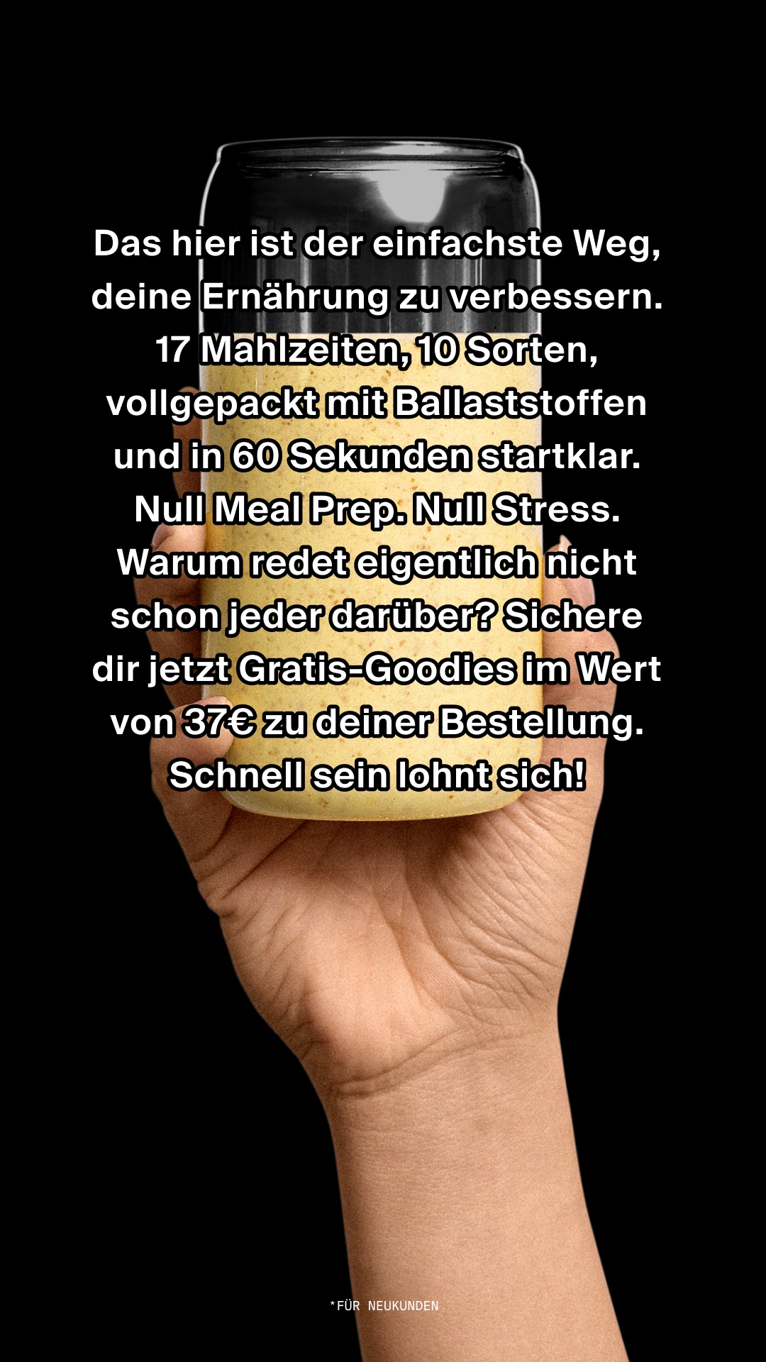 Huel — German trial-box pitch over a hand-held shake