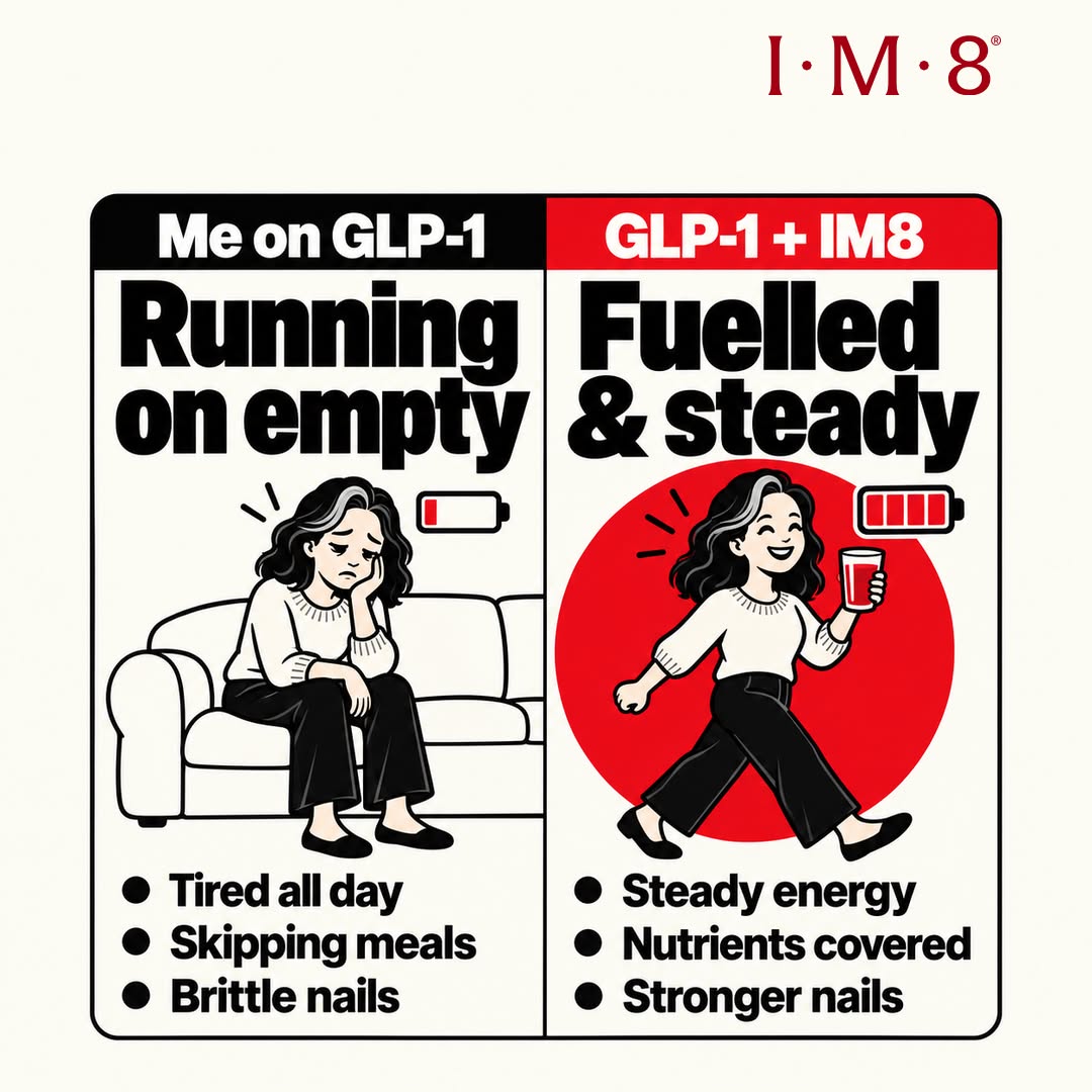 IM8 — Illustrated GLP-1 comparison featuring an IM8 drink