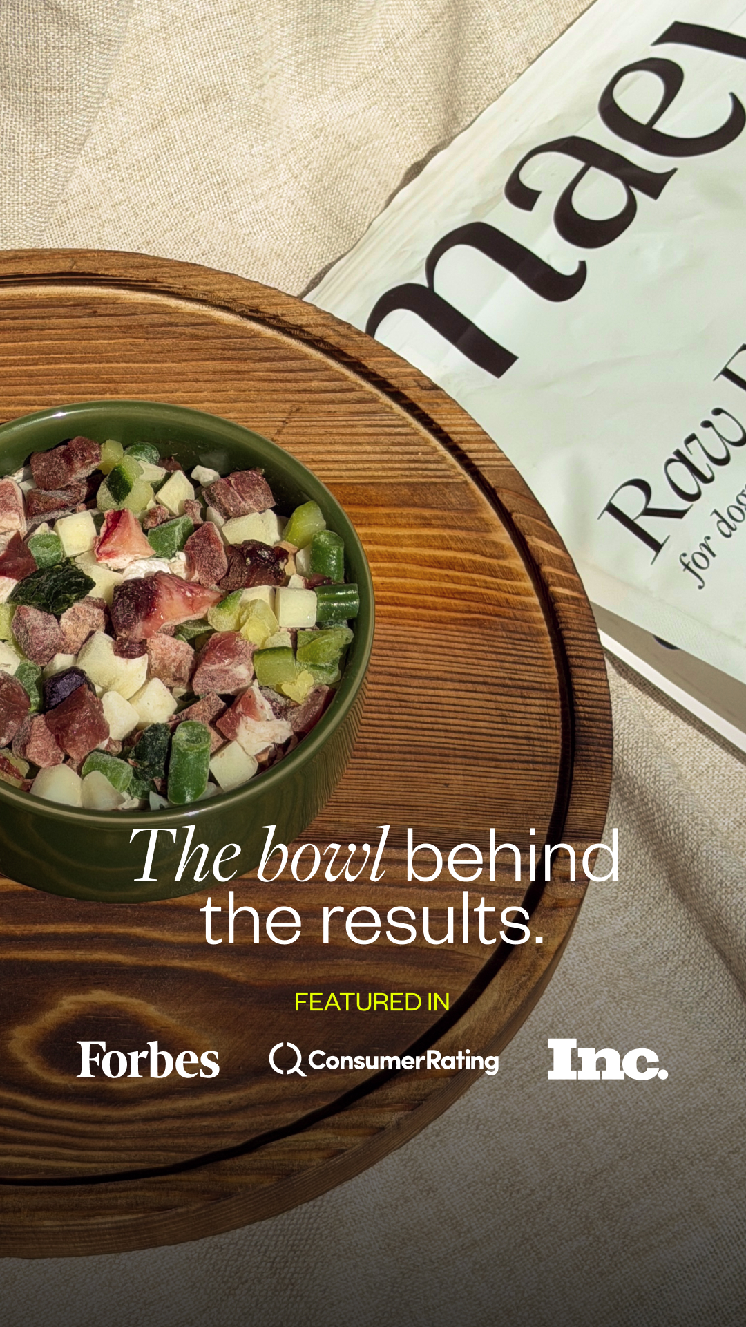 Maev — Raw dog-food bowl and pouch paired with press logos