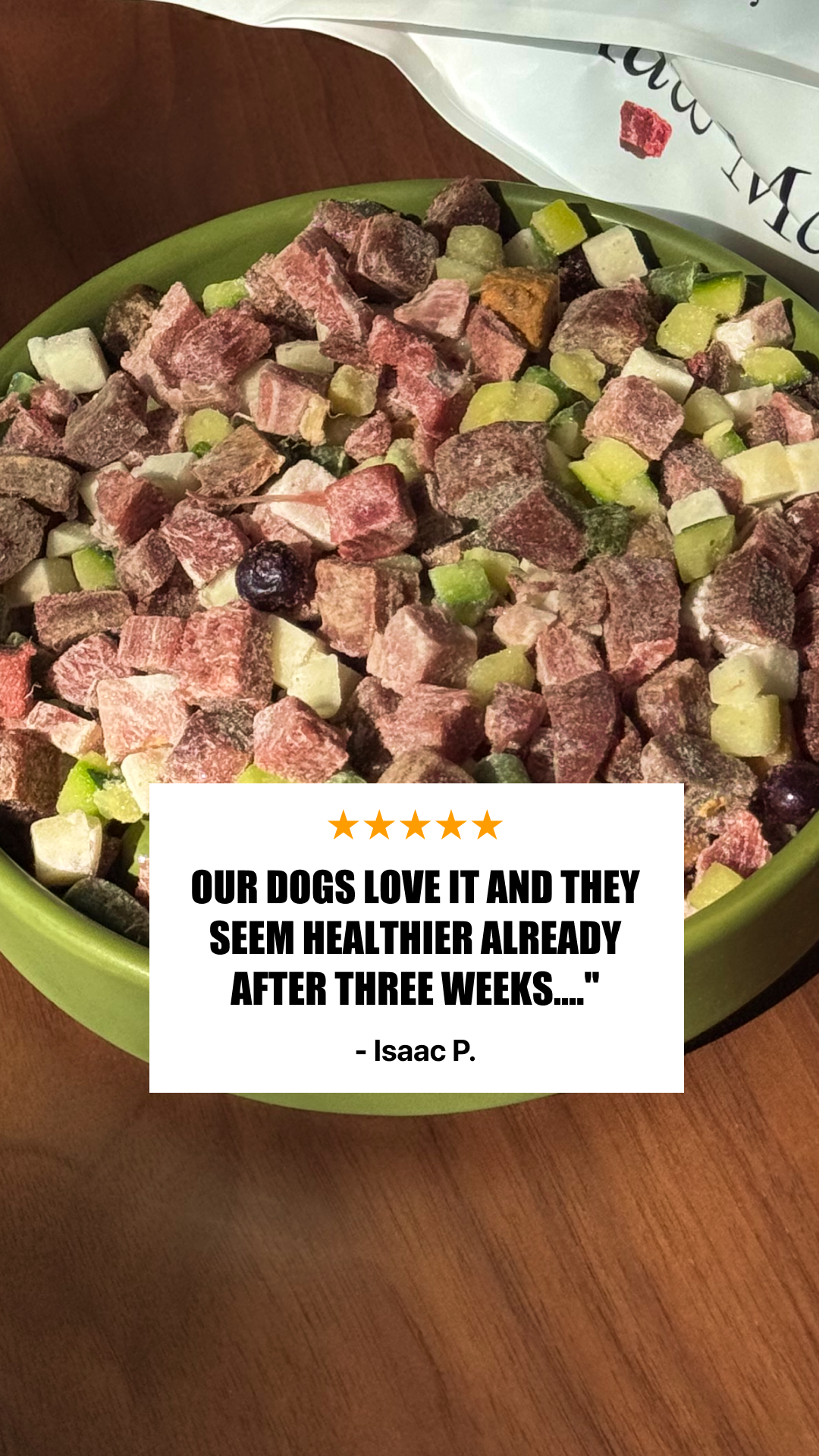 Maev — Raw dog-food bowl with a five-star customer quotation