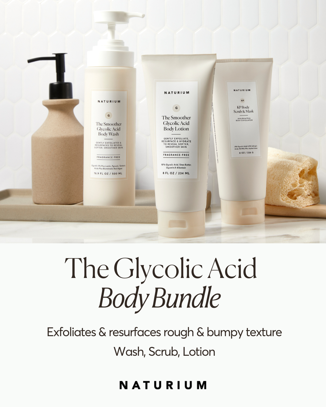 Naturium — Glycolic Acid Body Bundle in bathroom product photography
