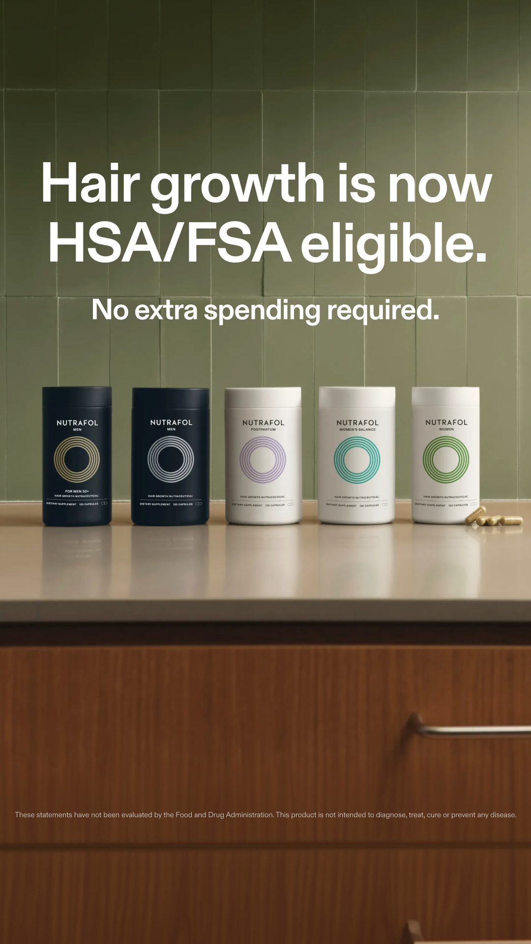 Nutrafol — Supplement lineup with an HSA/FSA eligibility message