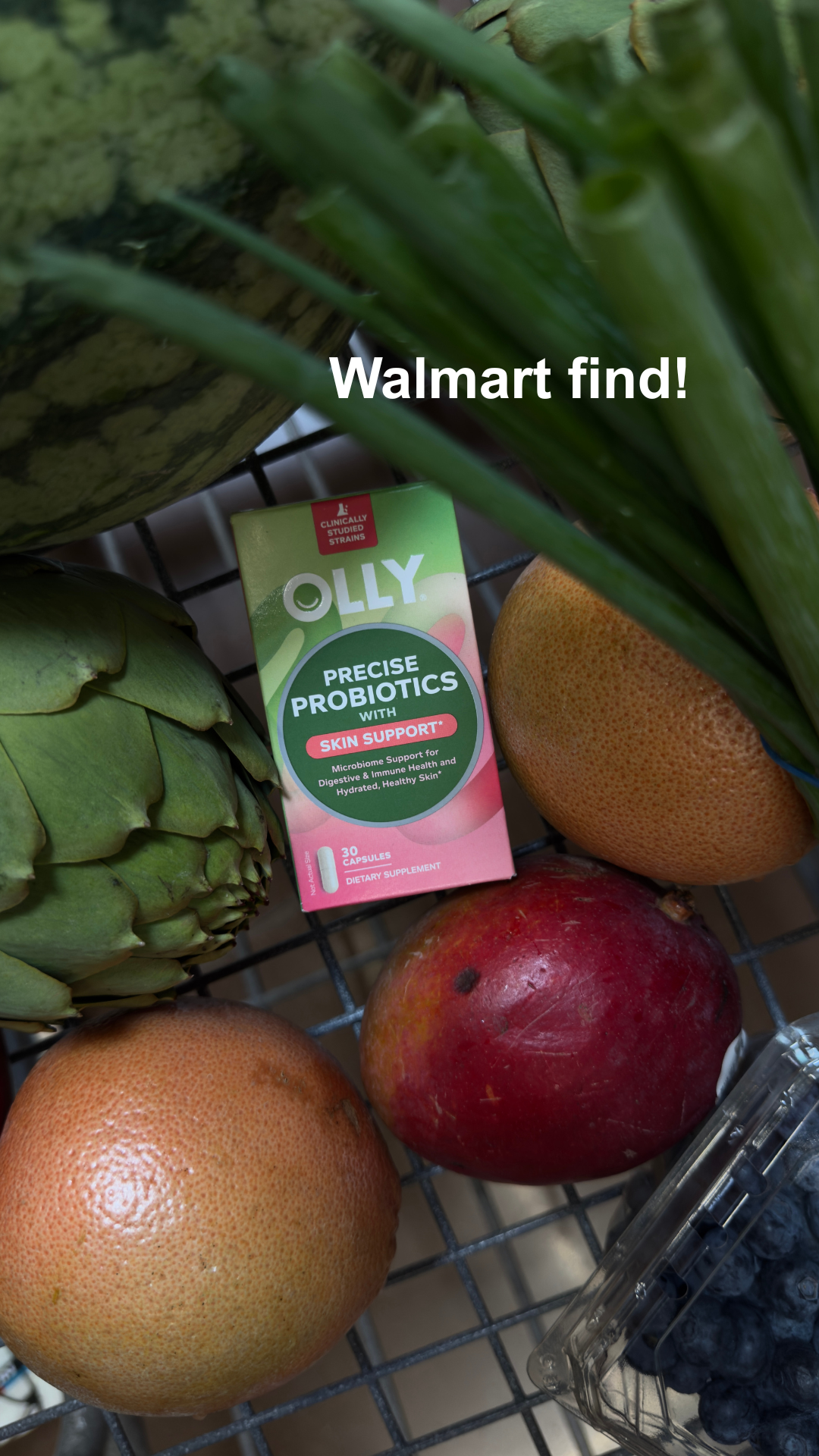 OLLY — Precise Probiotics box in a Walmart grocery-cart scene