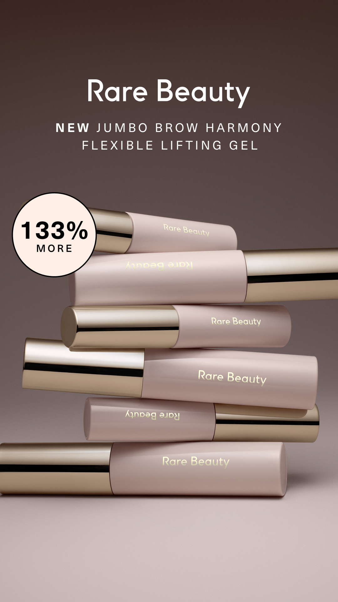 Rare Beauty — Jumbo Brow Harmony gels stacked against a taupe background