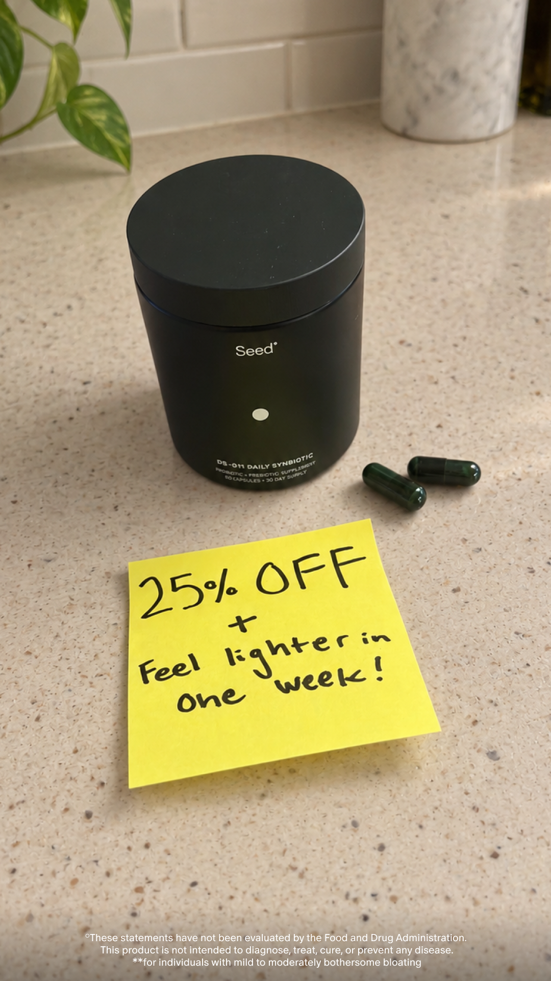 Seed — DS-01 jar with a handwritten 25%-off note