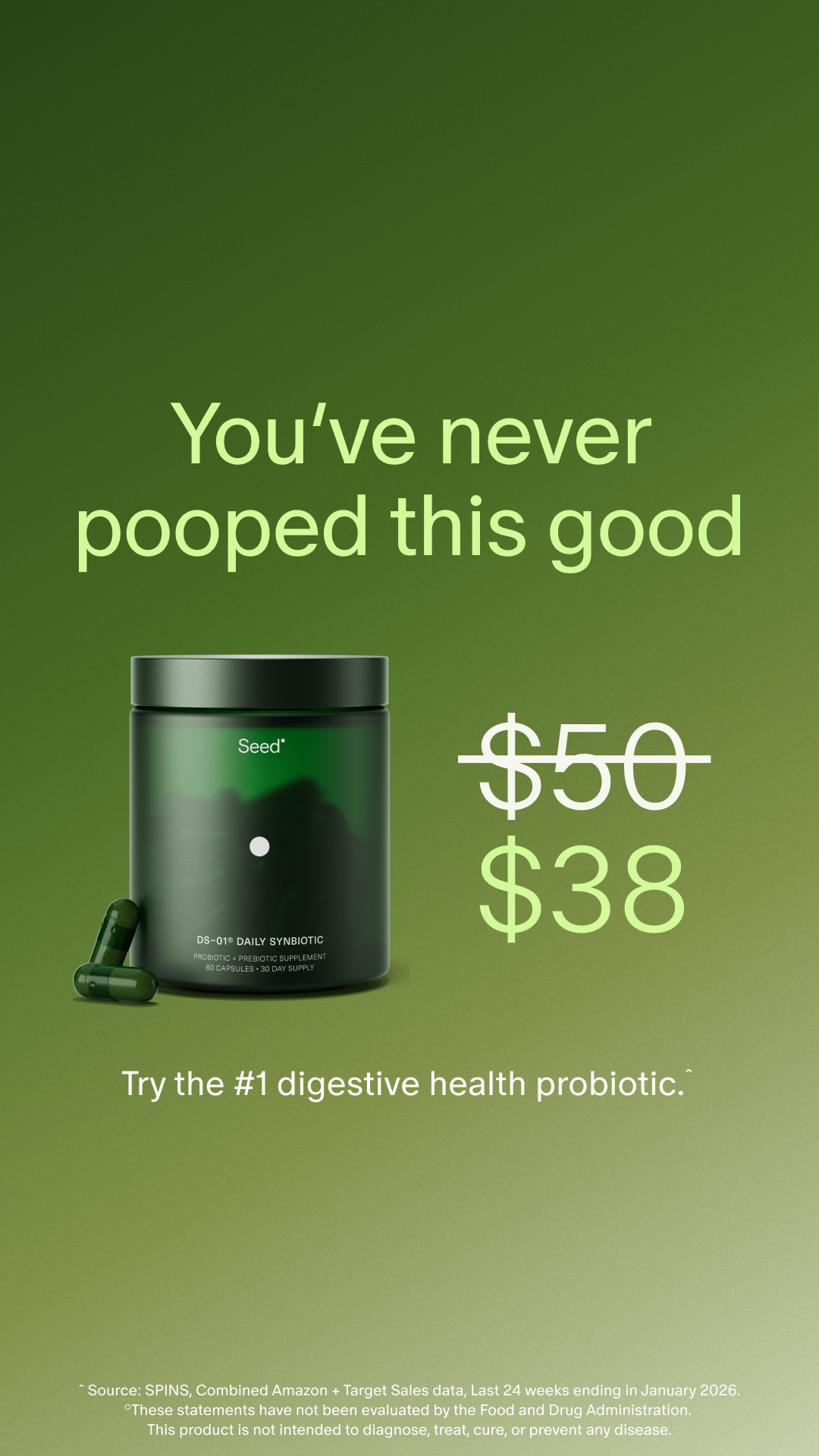 Seed — DS-01 toilet-humor headline paired with a $38 offer