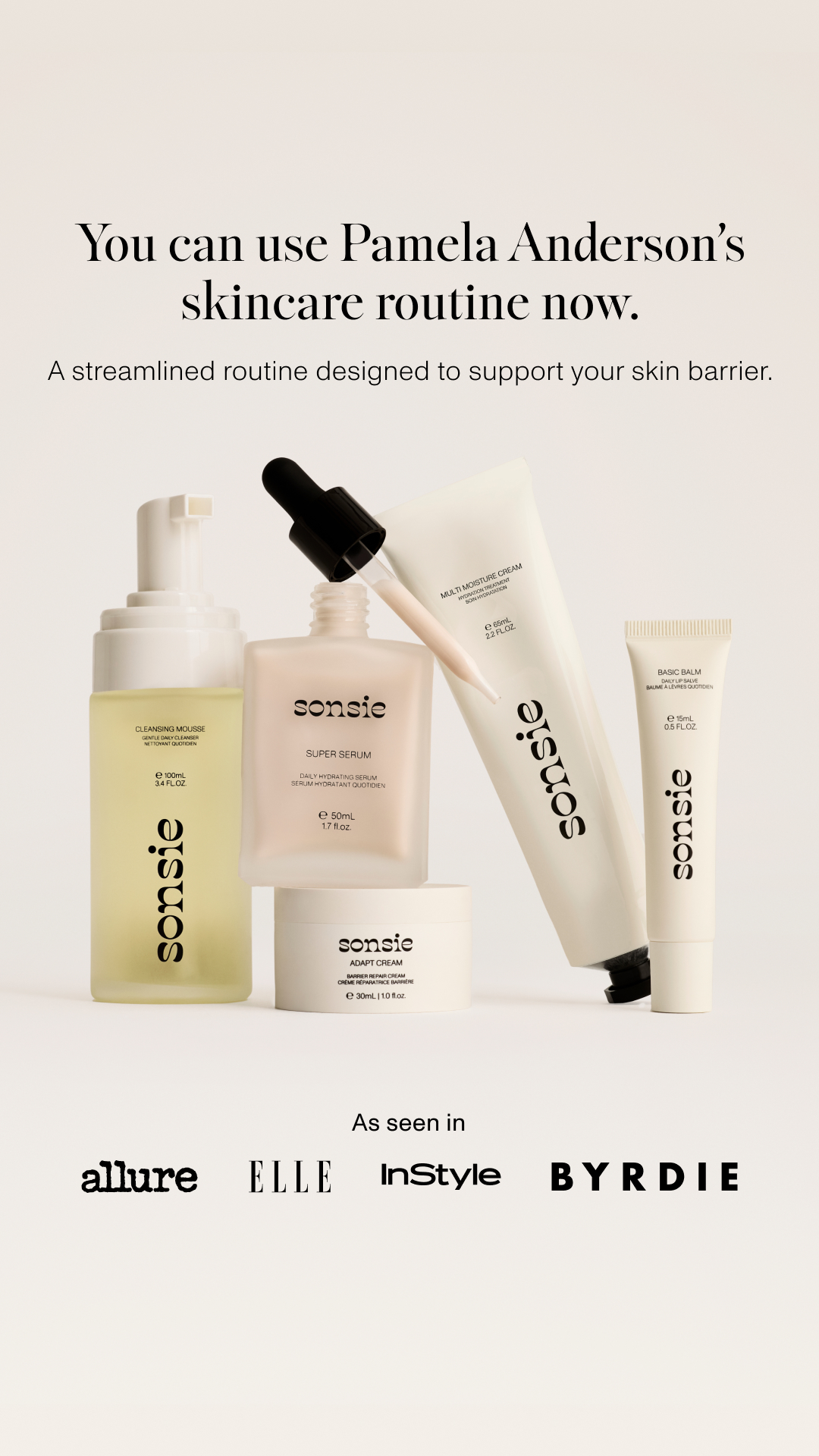 Sonsie — Pamela Anderson skincare-routine set with press logos