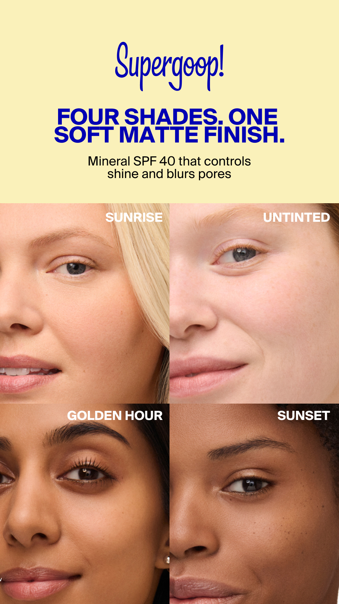 Supergoop! — Mattescreen shades compared across four model portraits