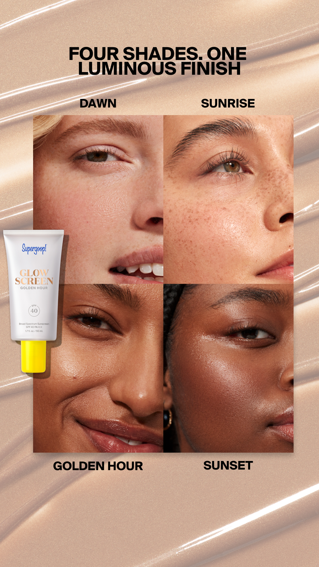 Supergoop! — Glowscreen shades compared across four model portraits
