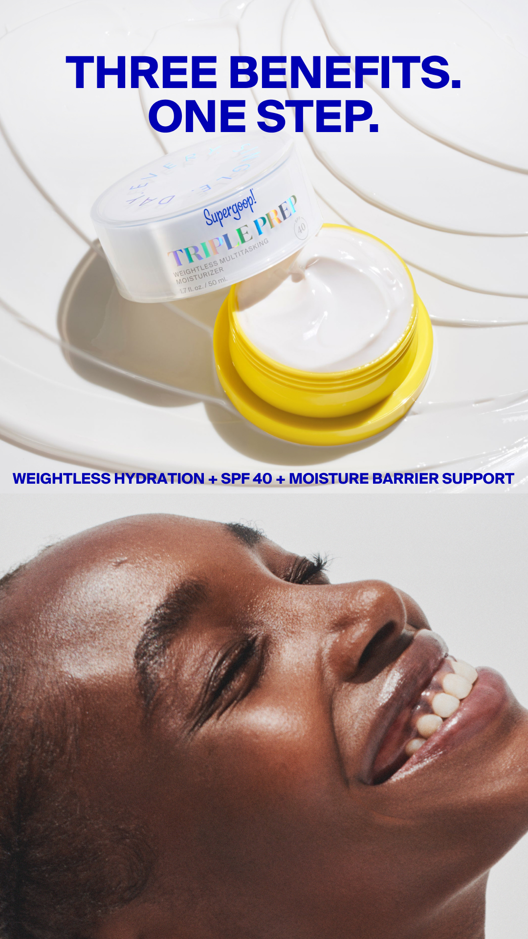 Supergoop! — Triple Prep moisturizer with a smiling model portrait