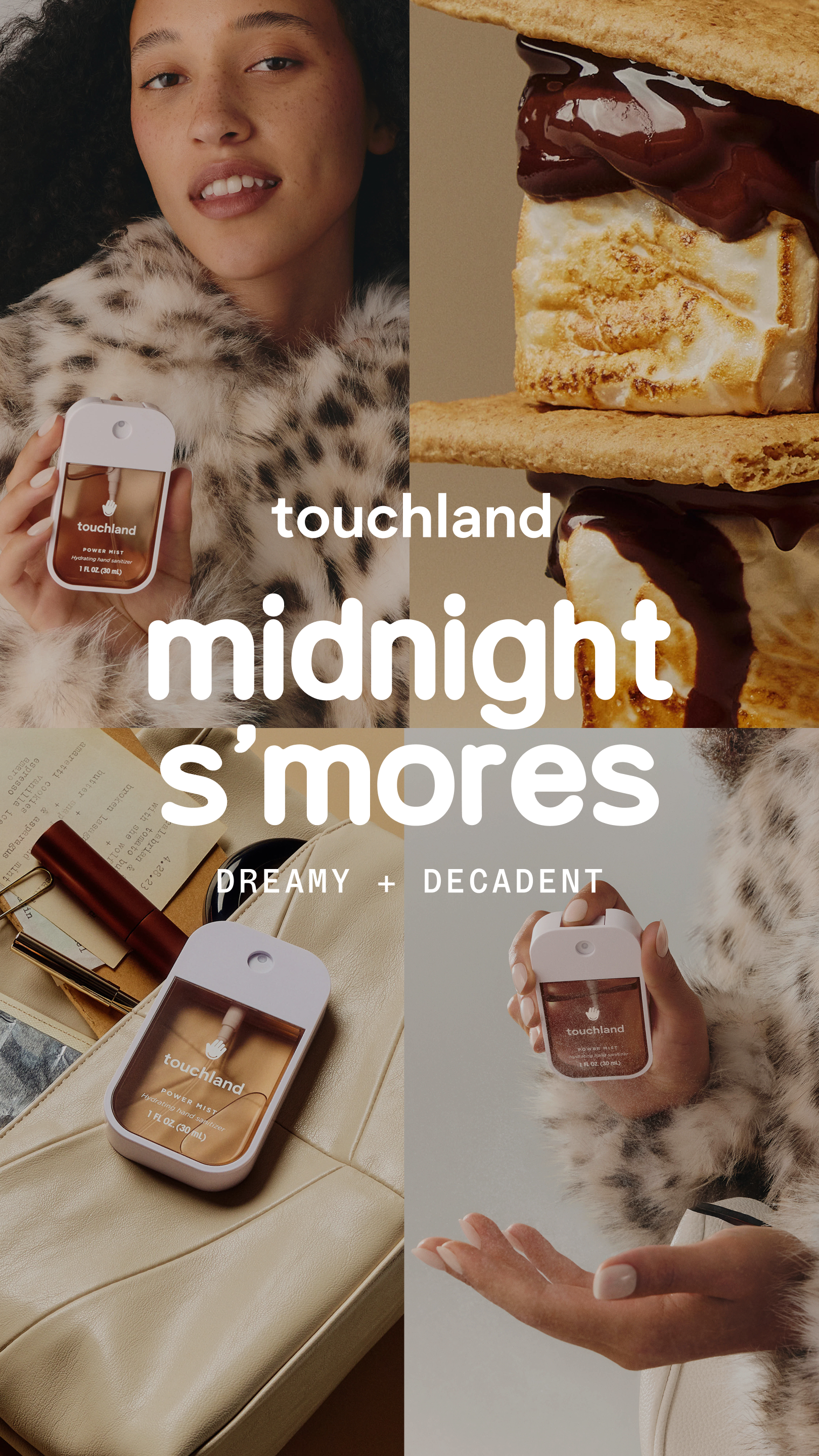 Touchland — Midnight S’mores sanitizer in a dessert-and-lifestyle collage