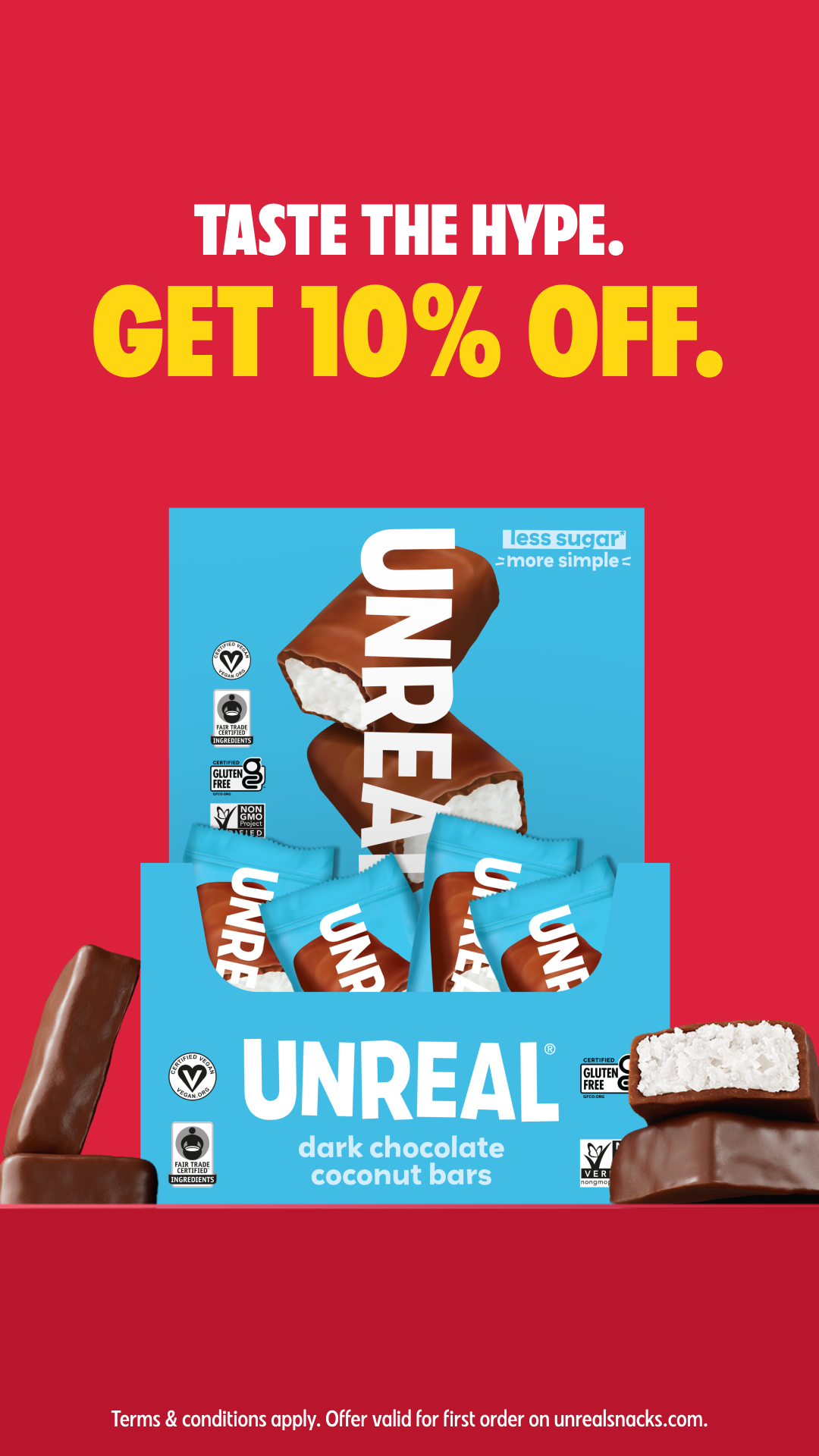 UNREAL Snacks — Coconut chocolate bar display with a 10% first-order offer