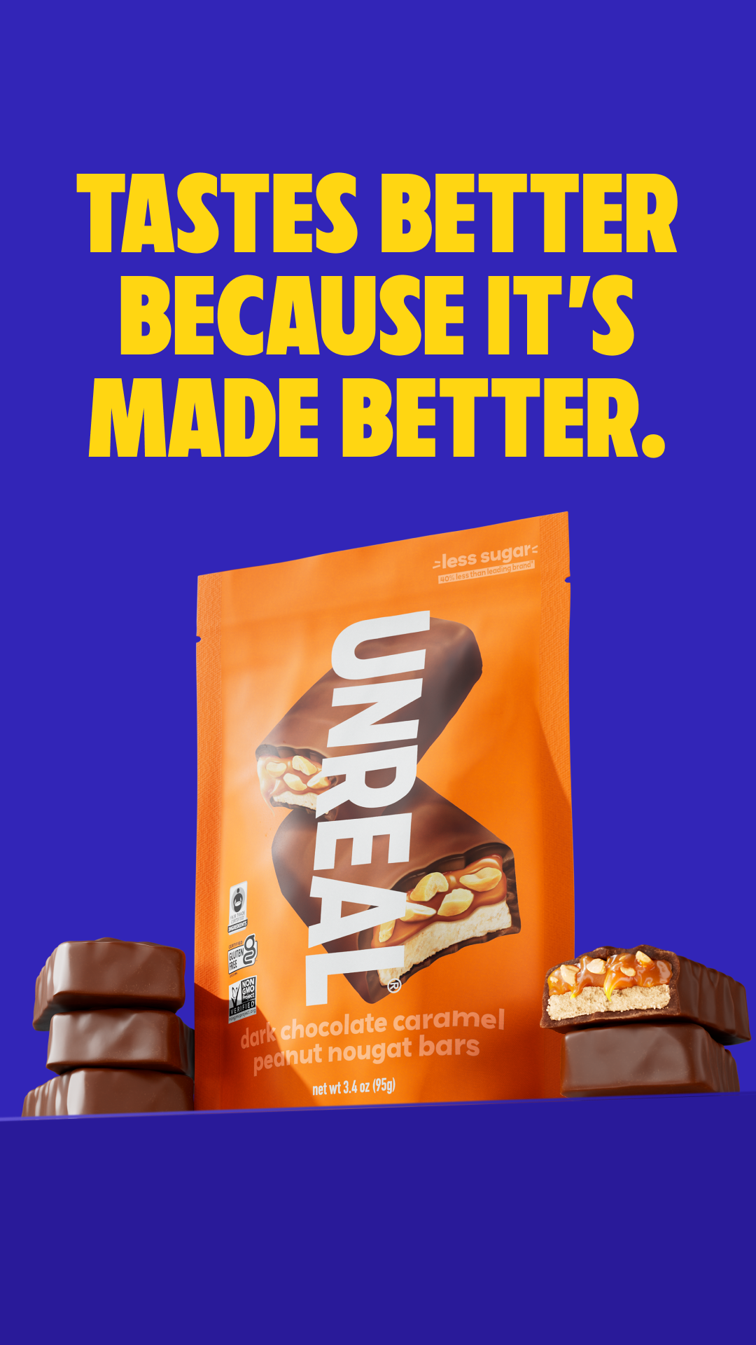 UNREAL Snacks — Caramel peanut nougat bar pouch with a taste message