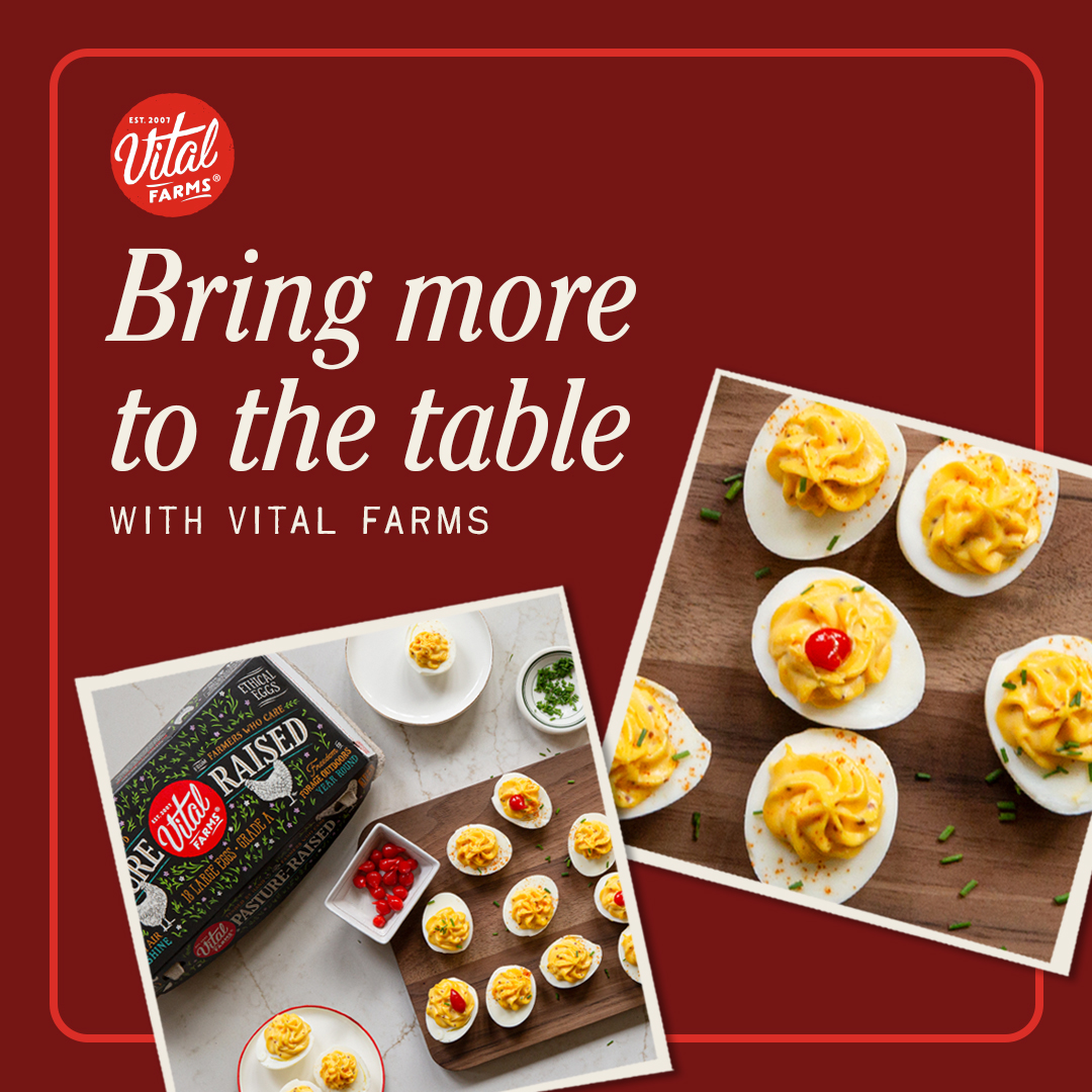 Vital Farms — Deviled-egg serving inspiration in a red Polaroid layout
