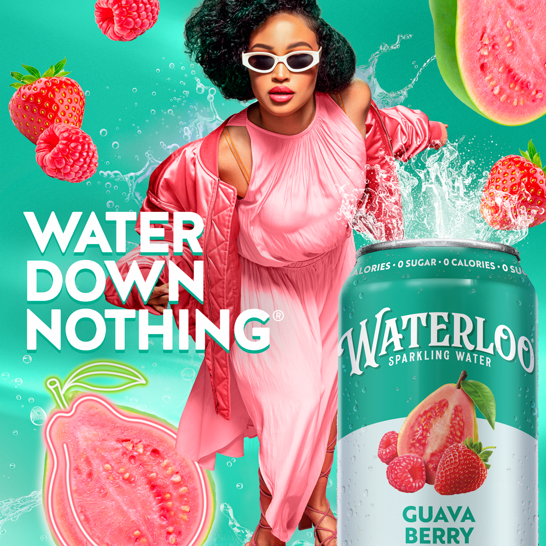 Waterloo — Guava Berry sparkling water with a pink fashion portrait and fruit