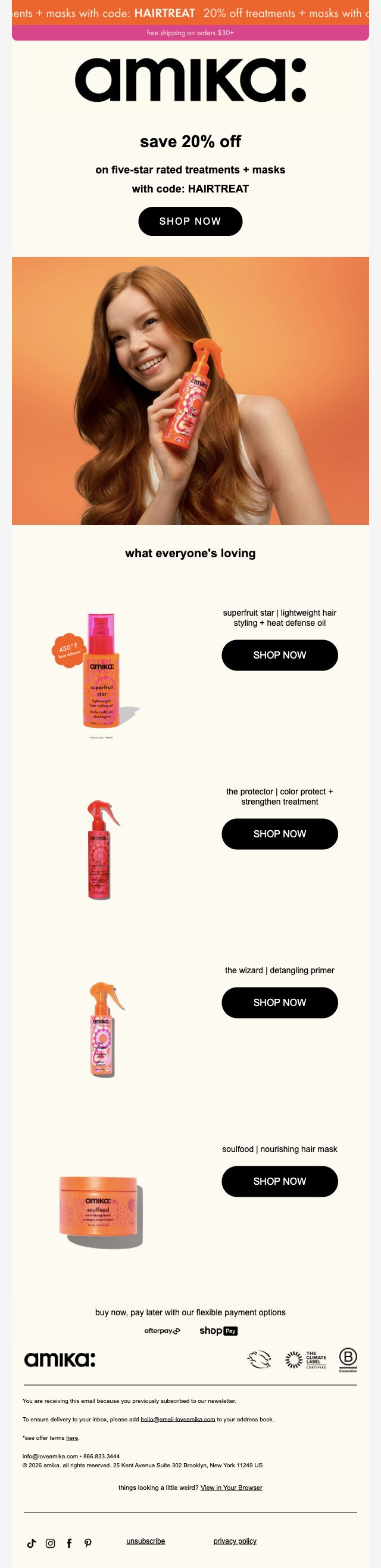 amika — 20% treatment offer with a model-led product feature