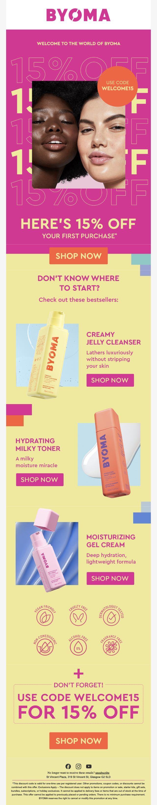BYOMA — 15% welcome offer and a three-step skincare routine