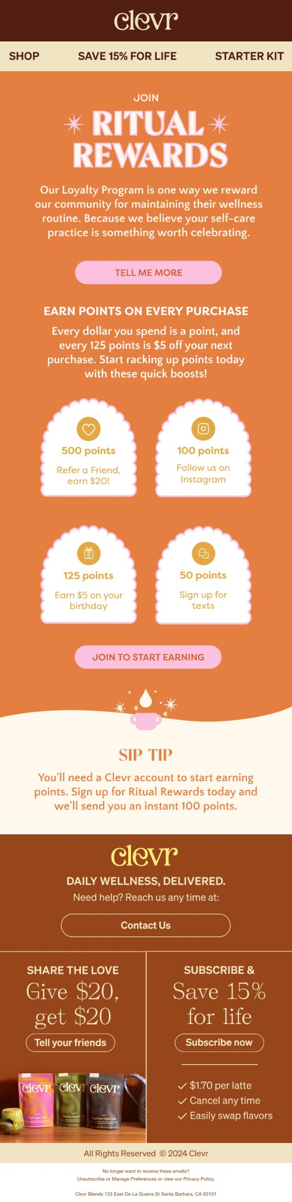 Clevr Blends — Clevr explains Ritual Rewards through point-earning badges, redemption values and a signup bonus.