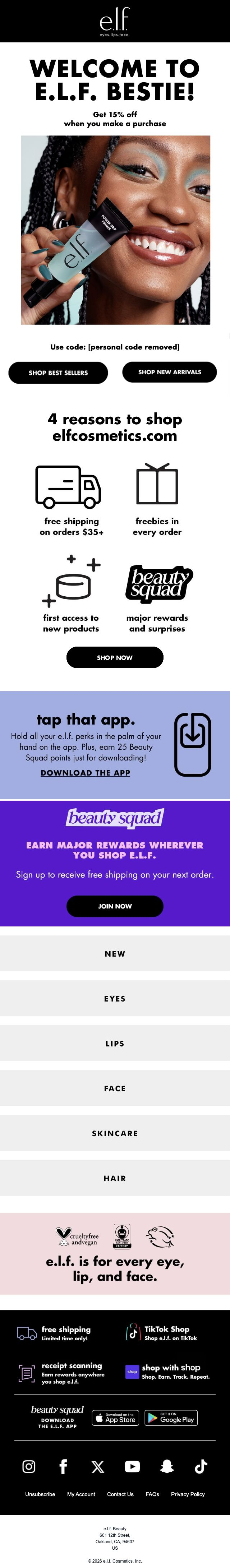 e.l.f. Cosmetics — 15% first-purchase offer, shopping perks and Beauty Squad