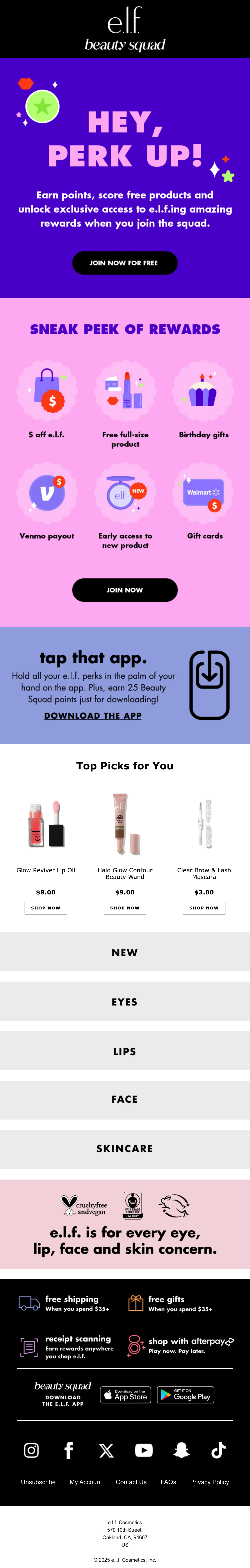 e.l.f. Cosmetics — e.l.f. introduces Beauty Squad rewards through six perks, from birthday gifts to gift cards.