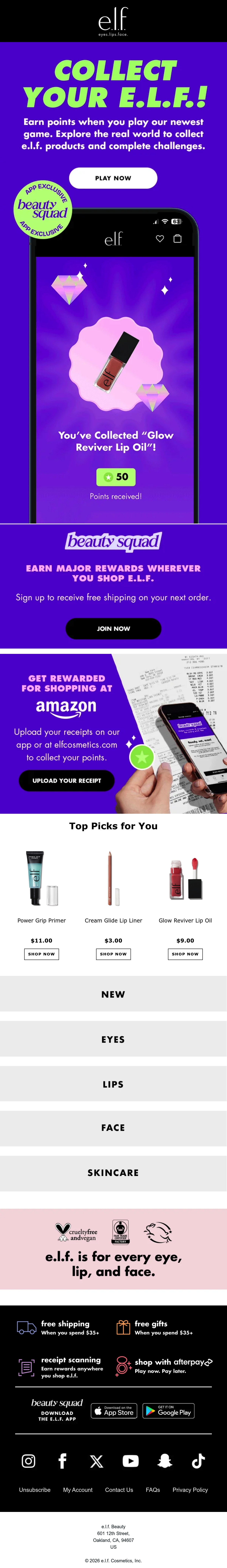 e.l.f. Cosmetics — e.l.f. invites app members to collect virtual products and earn points in its Collect Your e.l.f. game.