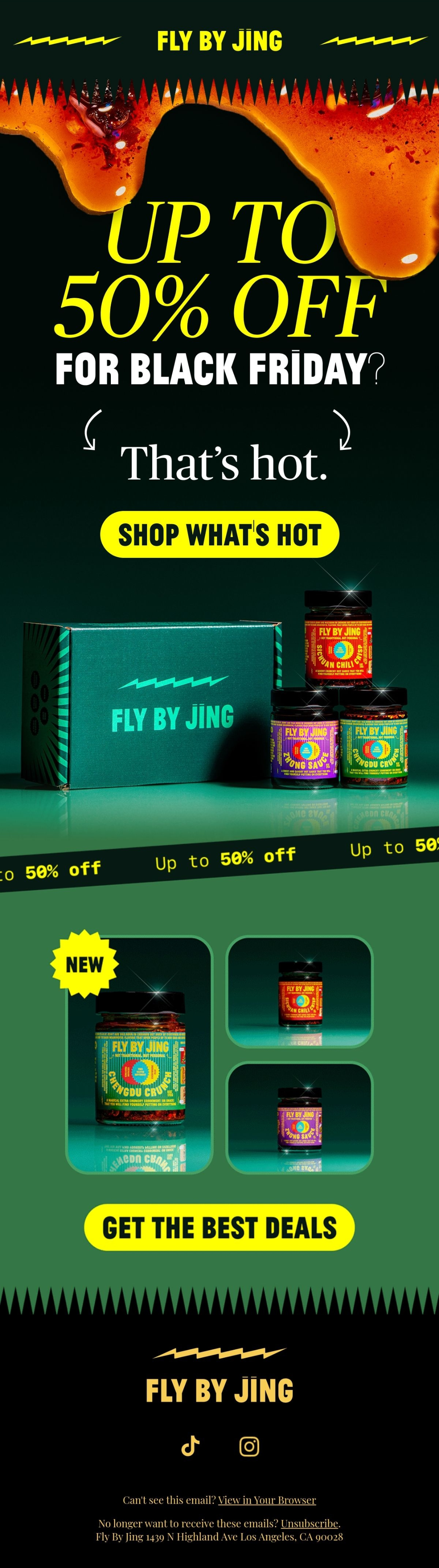 Fly By Jing — Fly By Jing promotes Black Friday savings with chili-oil graphics, a gift box and sauce tiles.