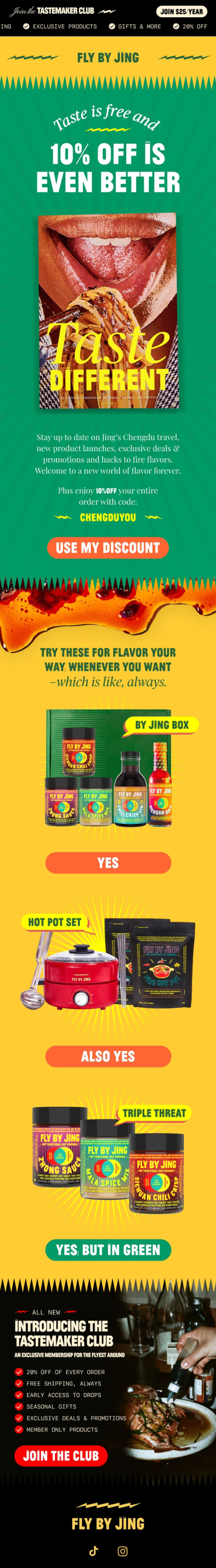 Fly By Jing — Fly By Jing welcomes readers with 10% off, three product sets and a Tastemaker Club explainer.