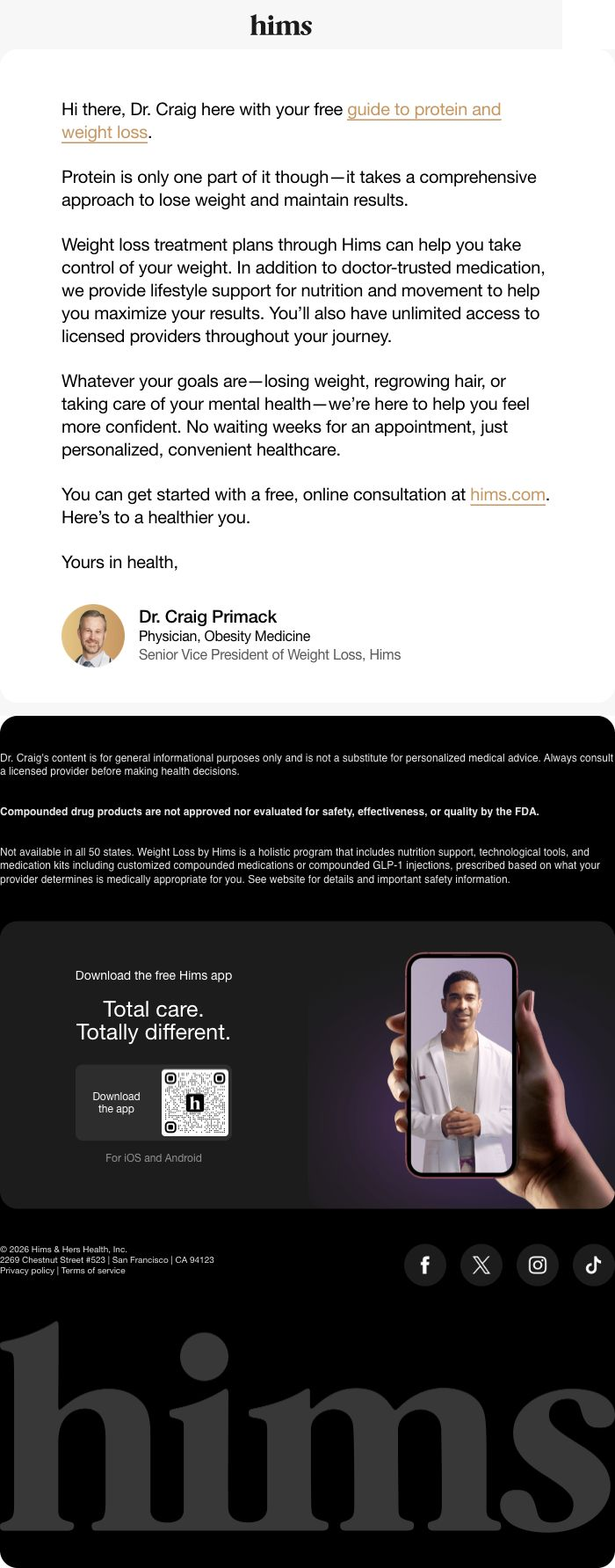 Hims — Physician note with a protein and weight-loss guide