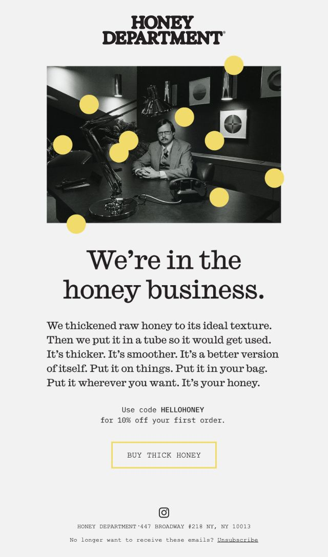 Honey Department — Thick honey introduction and 10% first-order offer