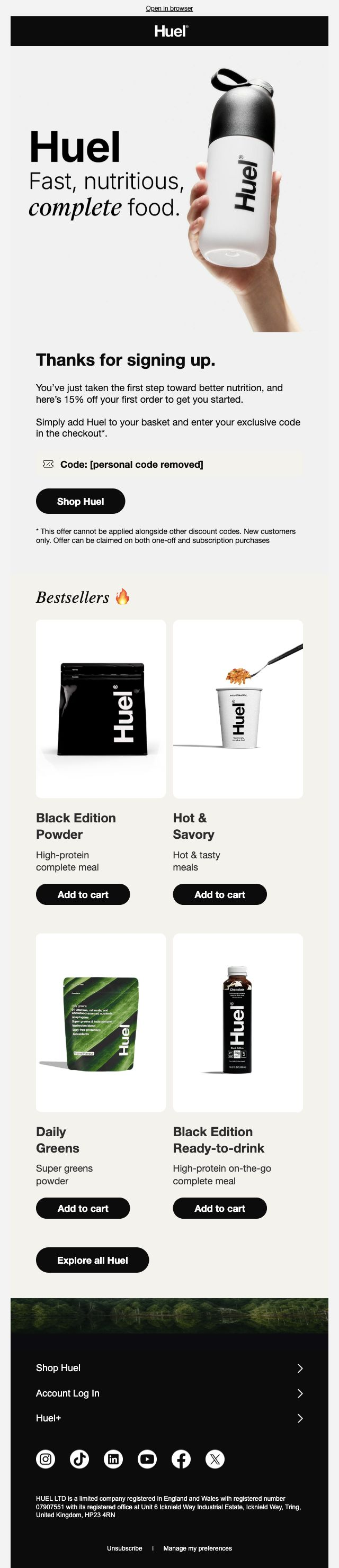 Huel — 15% introduction to powder, hot meals, greens and ready-to-drink