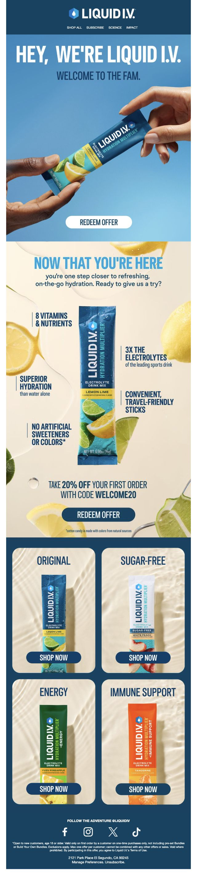 Liquid I.V. — 20% welcome offer and four hydration-mix categories