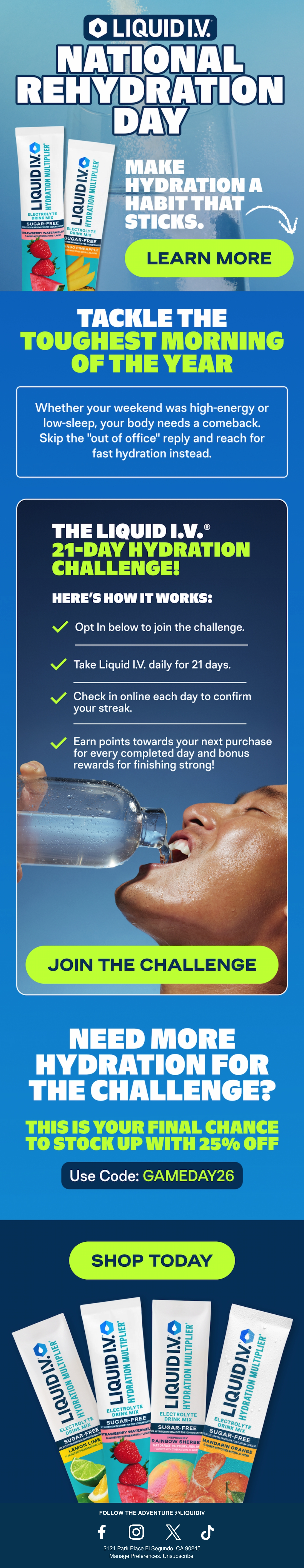 Liquid I.V. — Liquid I.V. turns National Rehydration Day into a 21-day check-in challenge with points and a stocking-up offer.