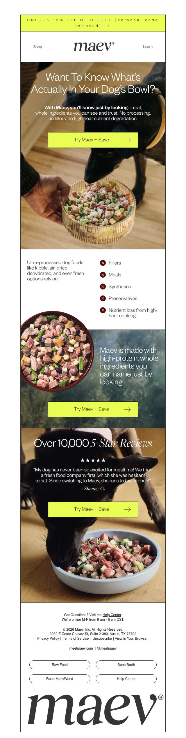 Maev — Raw-food ingredient comparison with bowls and customer proof