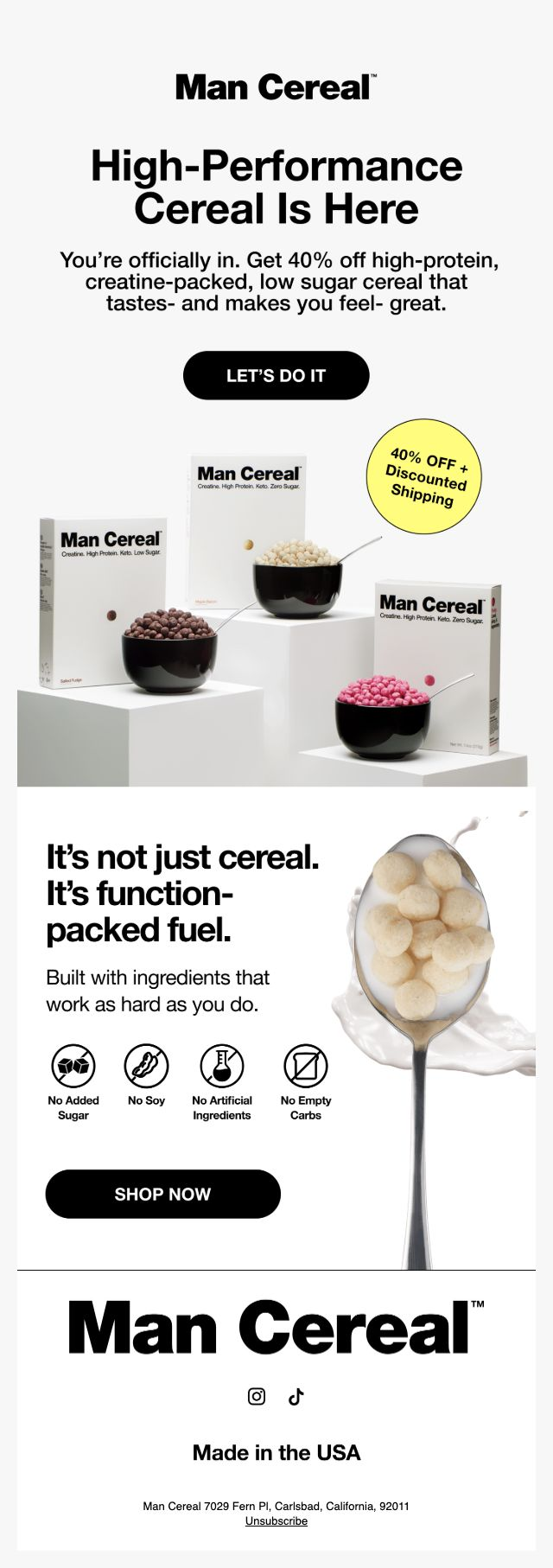 Man Cereal — 40% introductory offer for creatine cereal