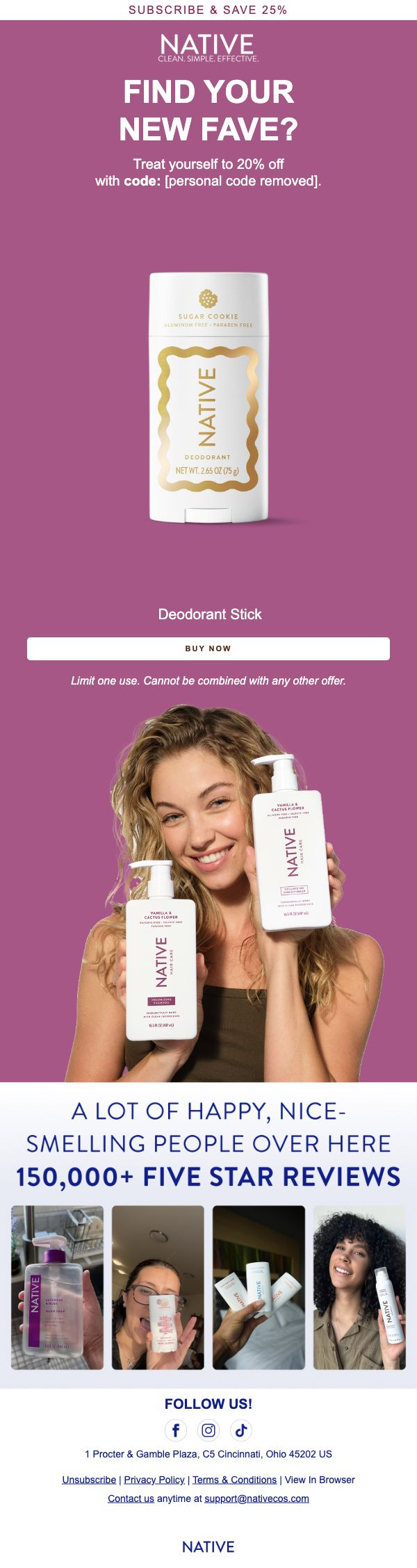 Native — Sugar Cookie deodorant reminder with a 20% offer