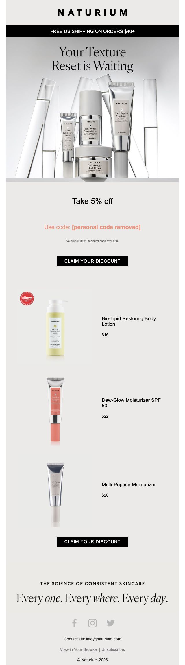 Naturium — 5% skincare offer with lotion and moisturizer recommendations