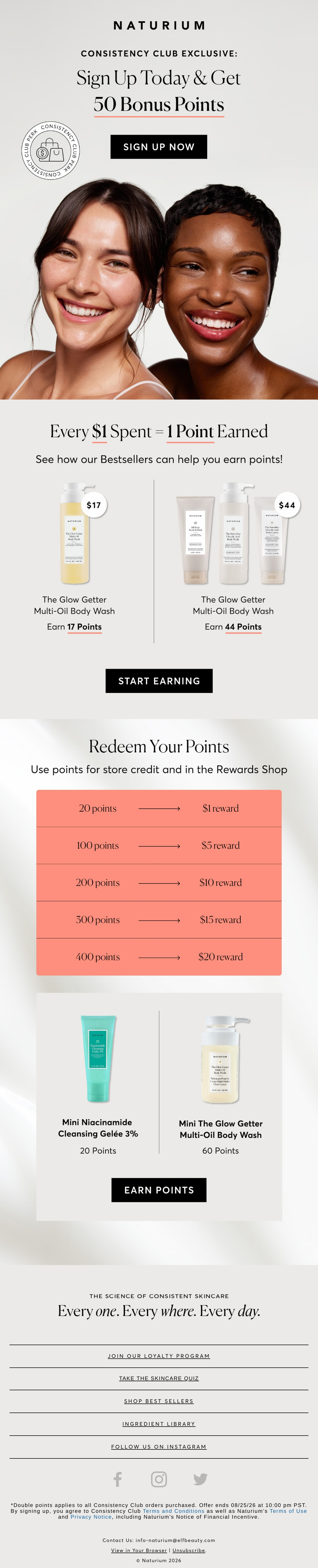 Naturium — Naturium explains Consistency Club signup points, purchase earning and a redemption-value table.