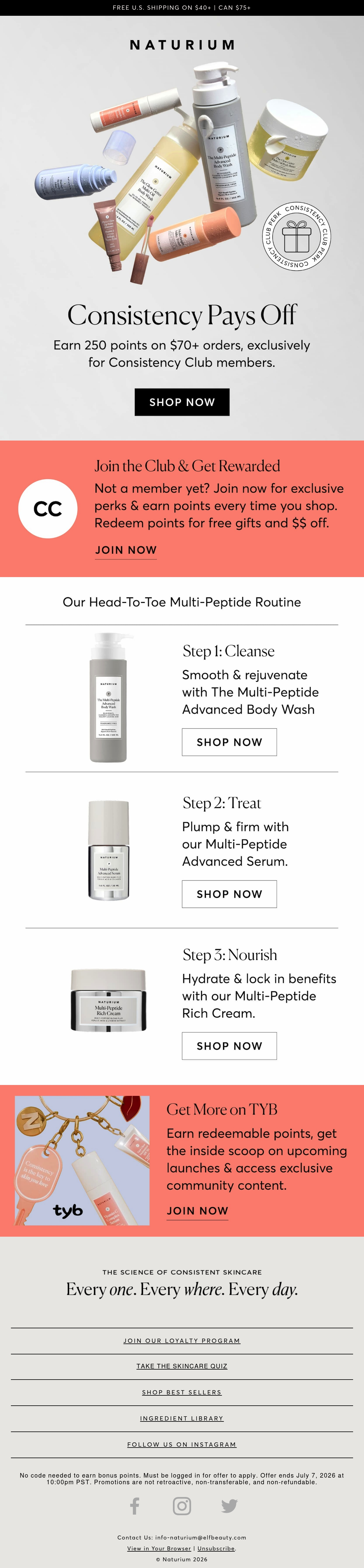 Naturium — Naturium pairs a 250-point incentive on $70 orders with a three-step peptide routine.