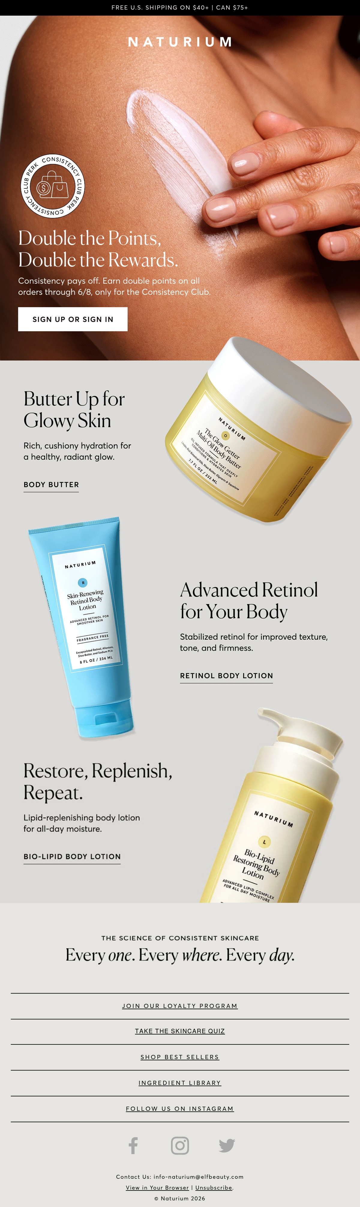 Naturium — Naturium leads a double-points offer with body-lotion application photography and three body-care products.