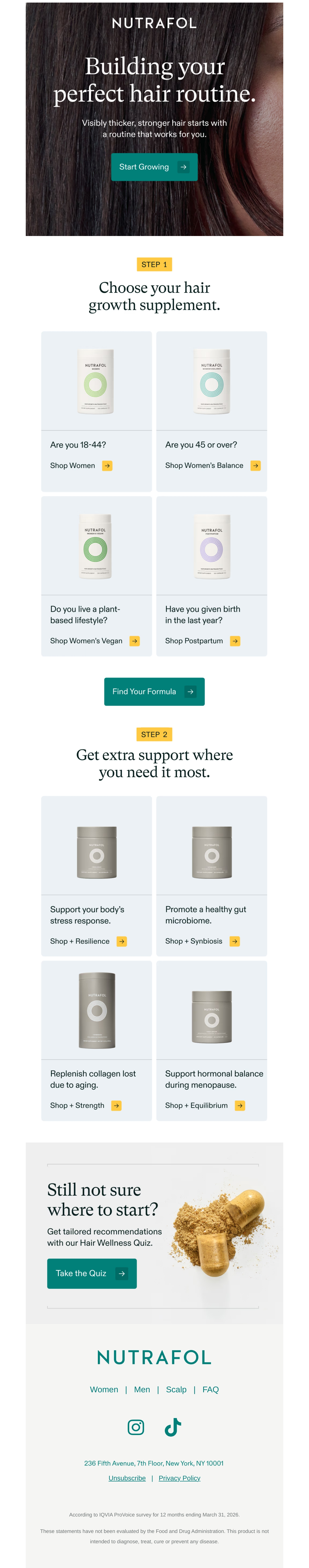 Nutrafol — Nutrafol organizes a hair routine into supplement selection, targeted boosters and a formula quiz.