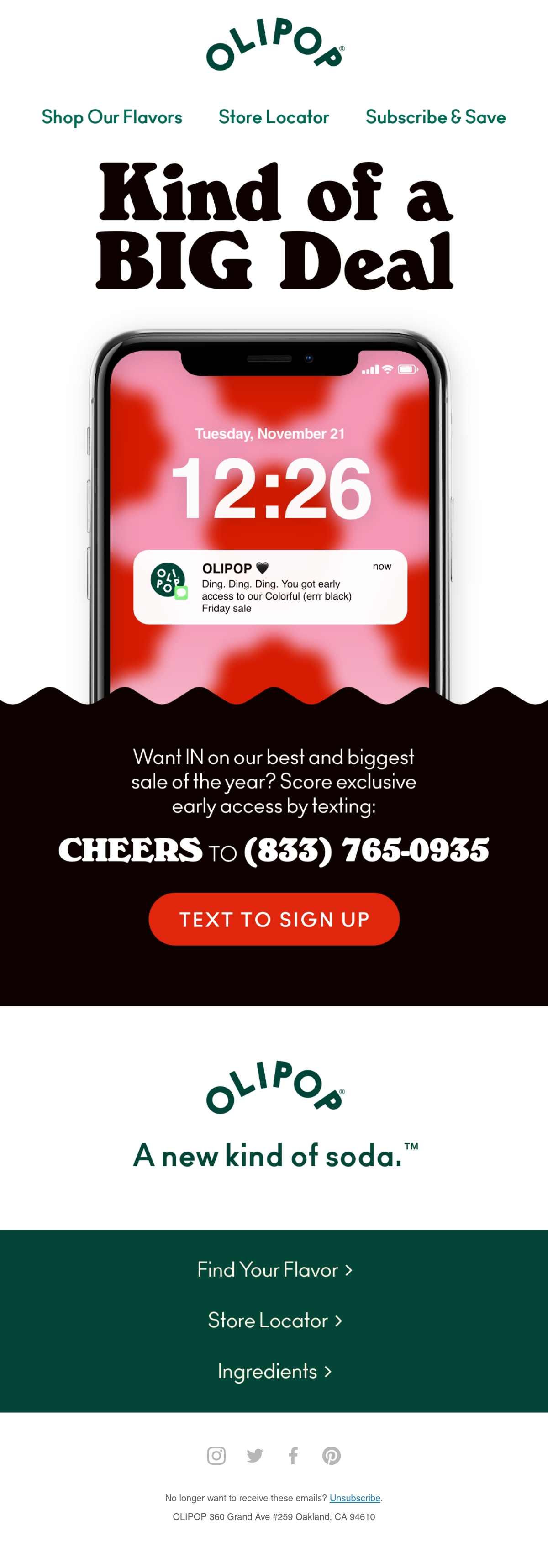 OLIPOP — OLIPOP uses a phone notification to recruit SMS subscribers for early Black Friday access.