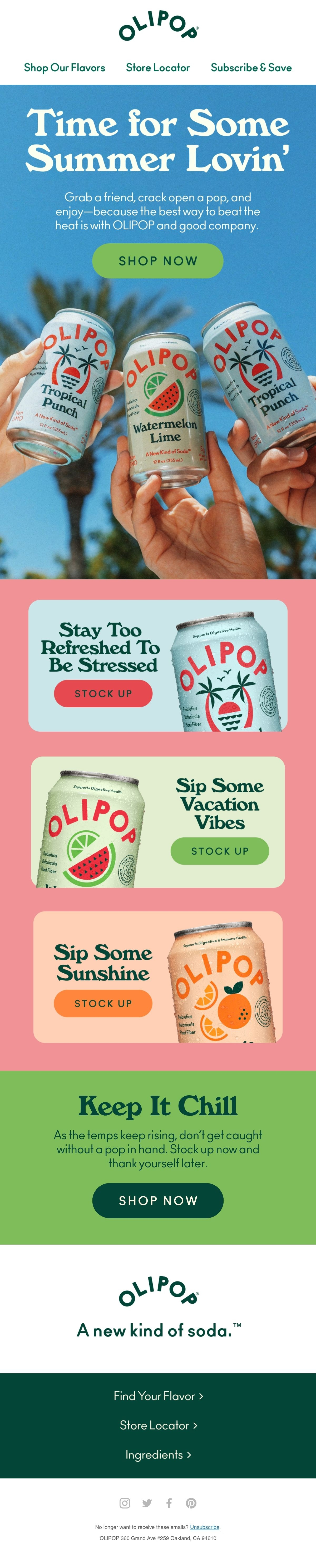 OLIPOP — OLIPOP matches three flavors to summer occasions beneath a photograph of friends raising cans.