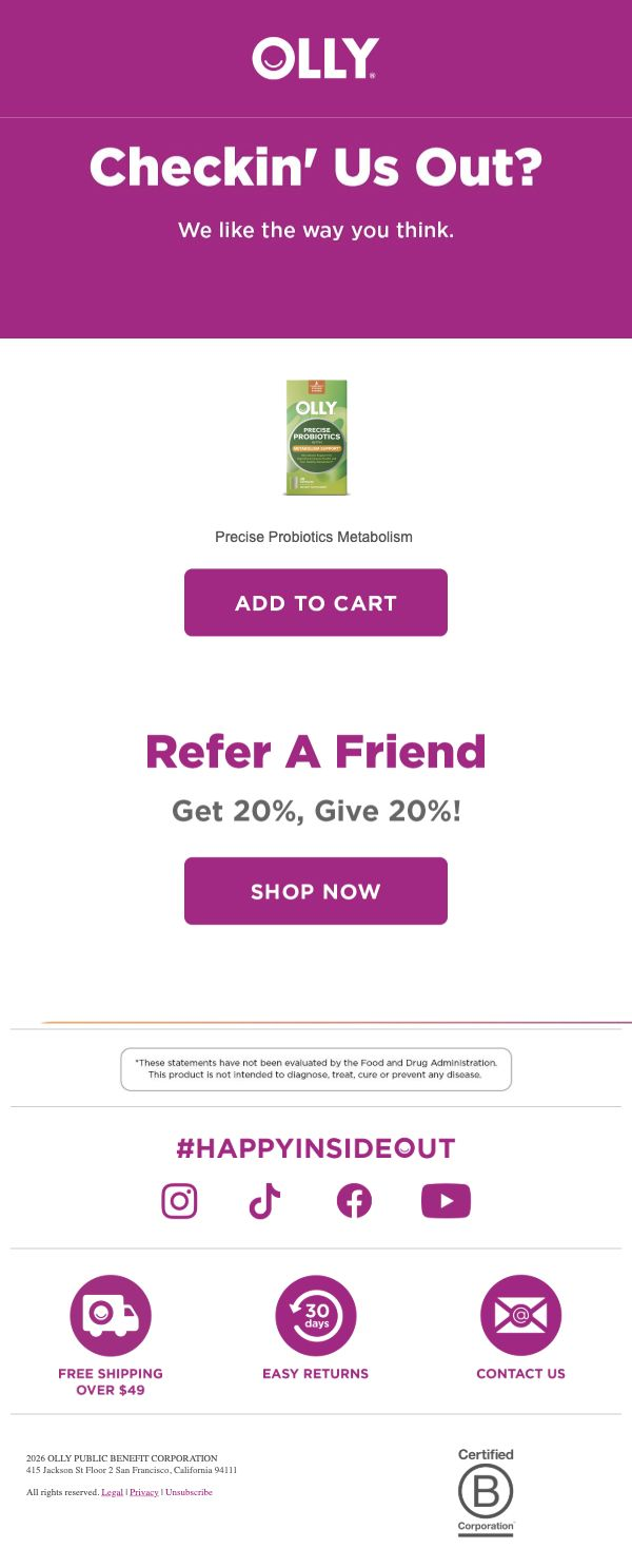 OLLY — Precise Probiotics reminder and a 20% referral offer