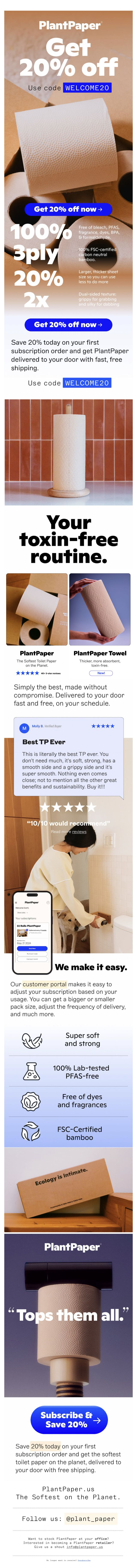 PlantPaper — 20% bamboo-paper offer, product details and subscription controls