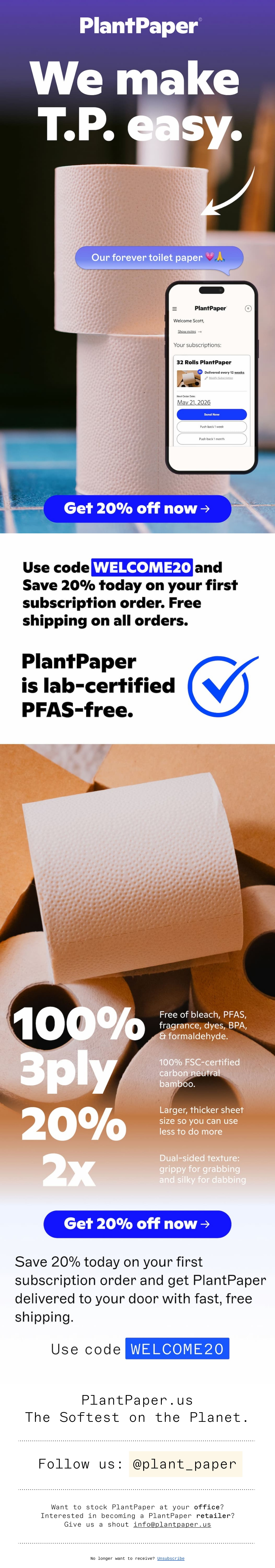 PlantPaper — Subscription convenience and product details with a 20% first-order offer