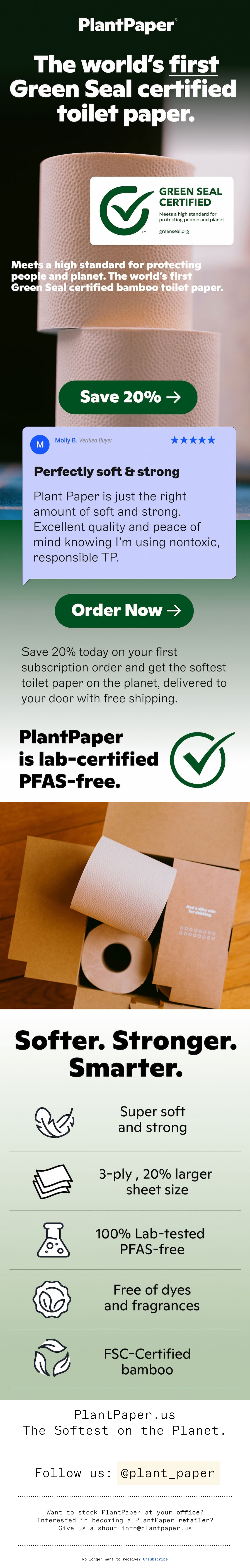 PlantPaper — PlantPaper announces Green Seal certification and follows with a customer review and five product attributes.