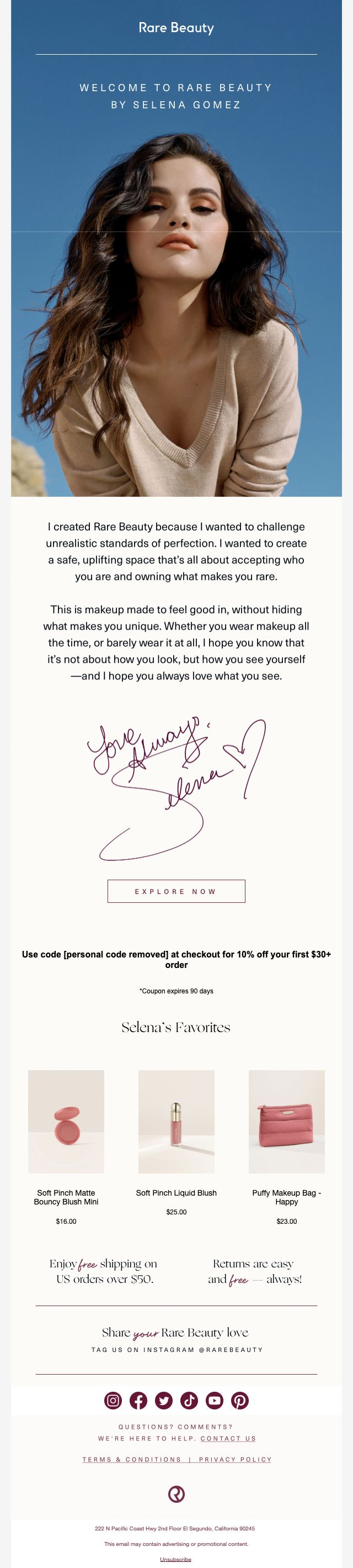 Rare Beauty — Selena's founder letter and a 10% first-order offer